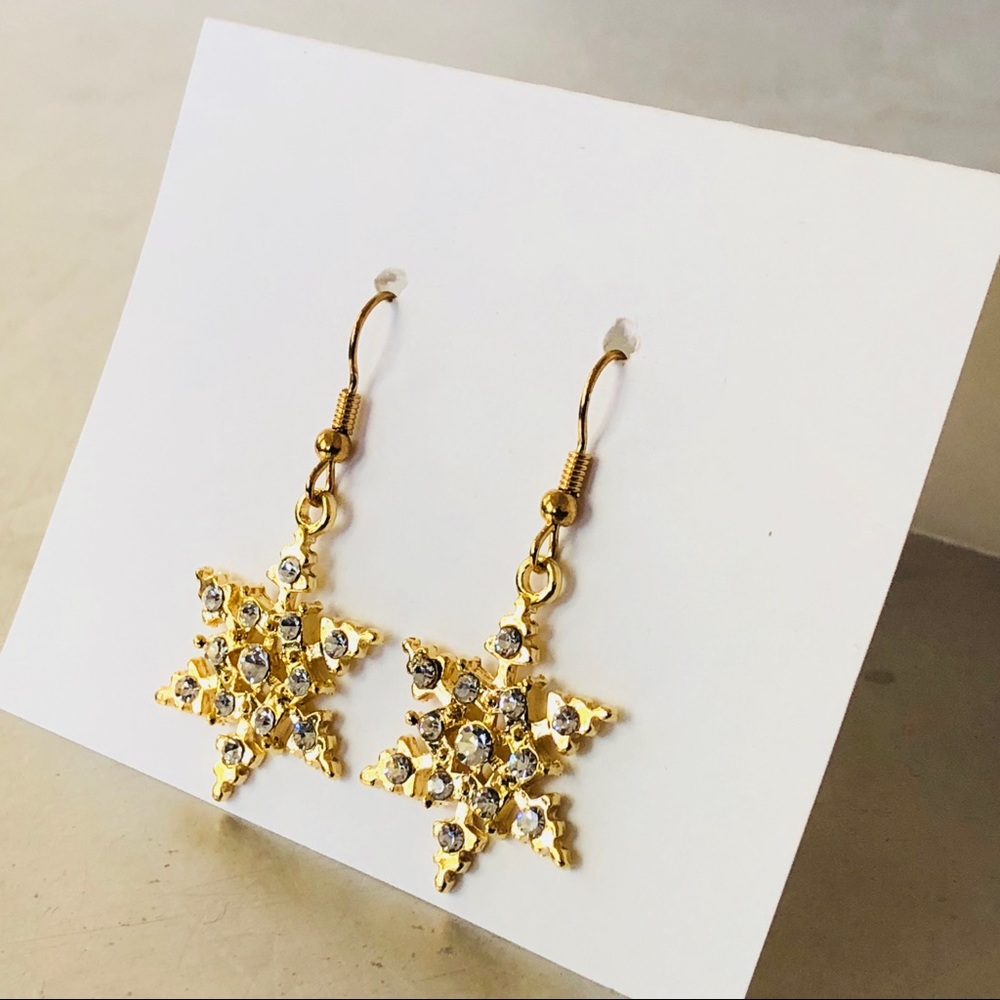 Gold Clear Crystals Christmas Holiday Snowflake Drop Earrings